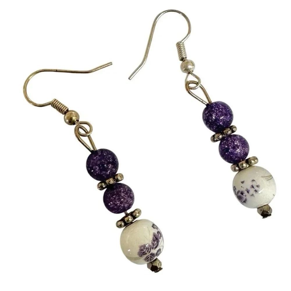 Purple and white handmade beaded earrings